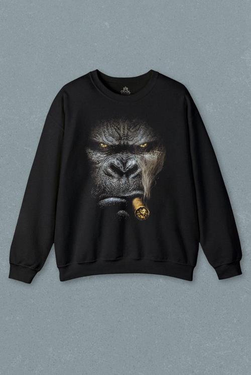 Puro İçen Şempanze Monkey Goril Maymun Baskılı Sweatshirt