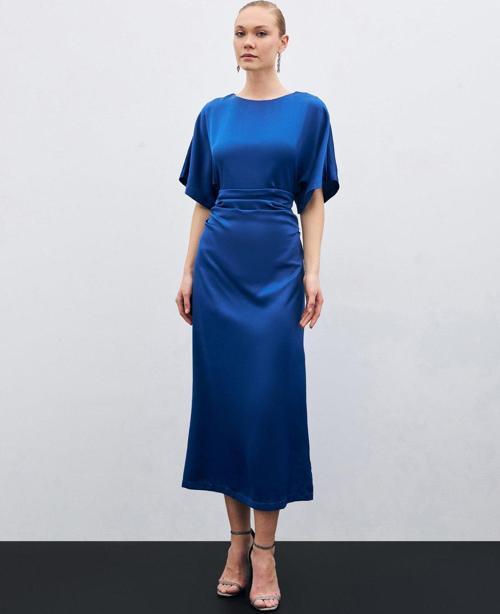 Büzgü Detaylı Krep Saten Elbise - Lacivert