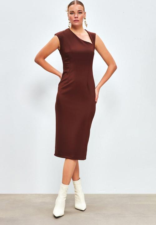 Asimetrik Midi Boy Elbise - Kahve