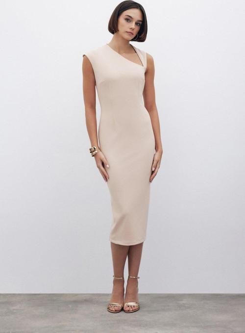 Asimetrik Midi Boy Elbise - Bej