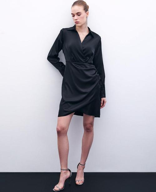 Kruvaze Saten Elbise - Siyah