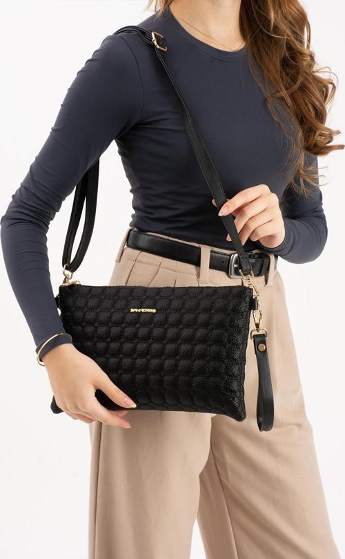 Kadın Suni Deri Siyah Mozaik Desen Ayarlanabilir Çapraz Ve El Askılı Portföy, Clutch Çanta
