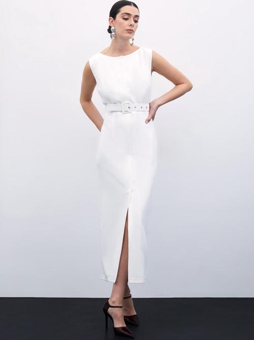 Kemerli Kalem Elbise - Ekru