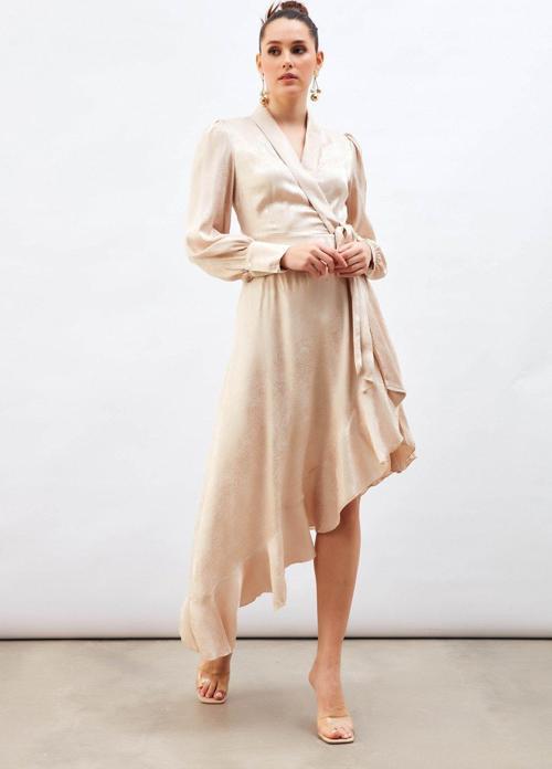 Jakarlı Asimetrik Elbise - Bej
