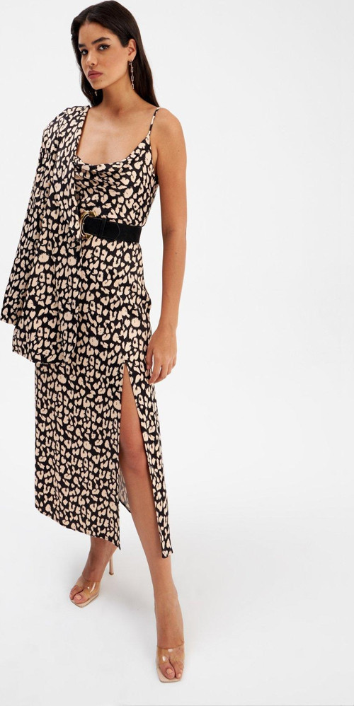 Leopar Desenli Saten Elbise - Siyah