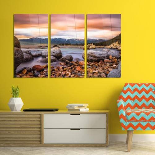 Doğa 3 lü Set Pleksi Cam Tablo Kıyıdaki Taşlar