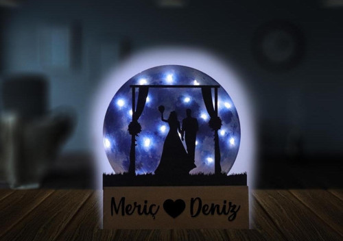 Işıklı Pleksi Dolunay Kişiselleştirilebilir Biblo Wedding Gelin Damat Anahtar Askılığı