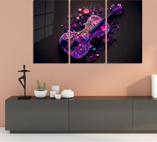 Müzik 3 lü Set Pleksi Cam Tablo Çiçekli Keman