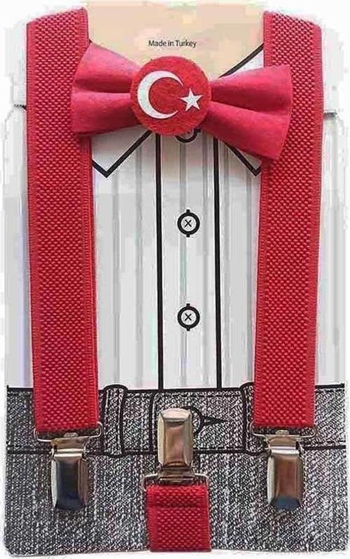1-9 yaş Ay Yıldız Papyon + Pantolon Askısı - 23 Nisan Erkek Set Çocuk Okul Papyon Seti 29 Ekim Set