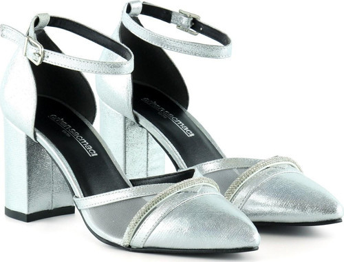 Molly Lame Taşlı Fileli Kalın Topuklu Ayakkabı