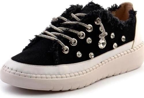 Valentina Siyah Denim Kristal Taşlı Gümüş Bağcıklı Sneaker
