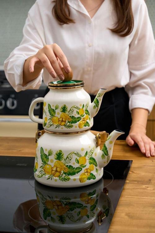 Emaye Ahşap Saplı Çaydanlık Citrus