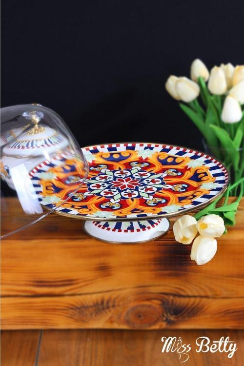 Emaye Ayaklı Kek Fanusu 30 Cm Elegance