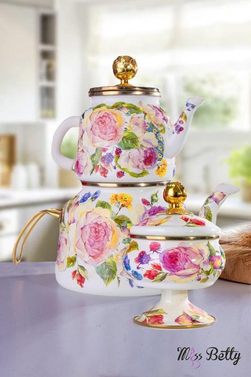 Emaye Çaydanlık Ve Şekerlik Takımı Rose Deluxe
