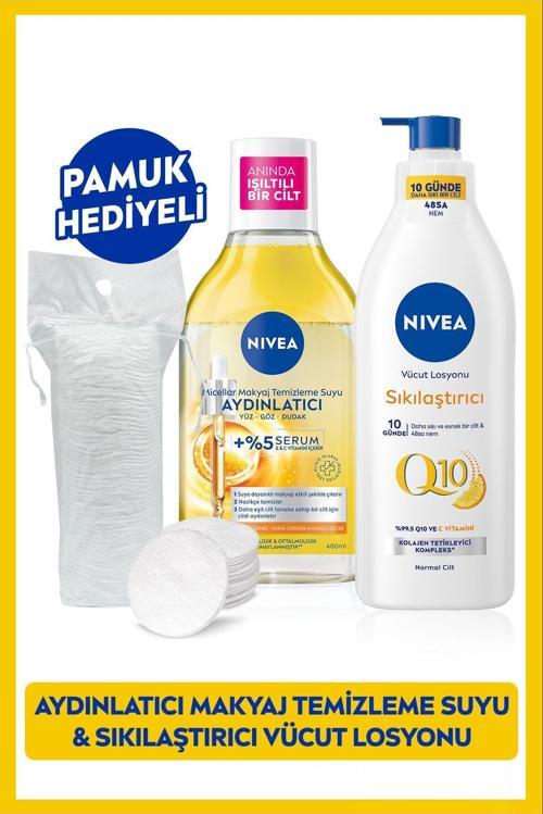 Aydınlatıcı Micellar Makyaj Temizleme Suyu 400ml ve Q10 Sıkılaştırıcı Vücut Losyonu, Pamuk Hediyeli