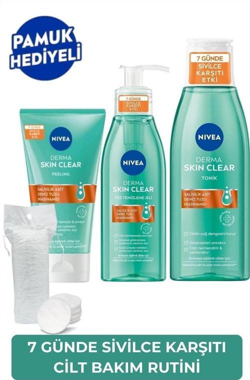 Derma Skin Clear Sivilce Karşıtı Yüz Temizleme Jeli 150ml,Tonik 200ml,Peeling 150ml,Yağlı Cilt,Pamuk