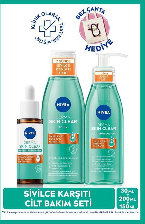 Derma Skin Clear Sivilce Karşıtı Serum 30ml, Yüz Temizleme Jeli 150ml, Tonik 200ml, Bez Çanta Hediye