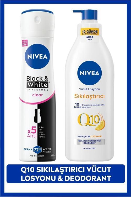 Kadın Sprey Deodorant Black&White Clear 150ml, Q10 Sıkılaştırıcı ve Nemlendirici Vücut Losyonu 400ml