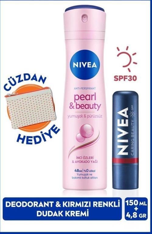 Kadın Sprey Deodorant Pearl & Beauty 150ml Ve Kırmızı Nemlendirici Dudak Kremi, Spf30, Cüzdan Hediye