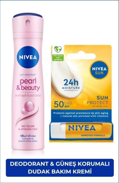 Kadın Sprey Deodorant Pearl&Beauty 150ml ve Yüksek Güneş Korumalı Dudak Bakım Kremi, SPF50