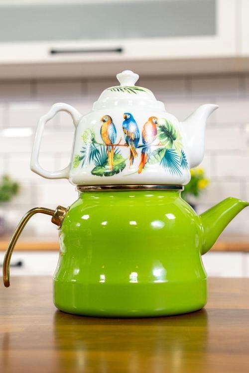 Emaye Royal Porselen Demlikli Çaydanlık Parrot