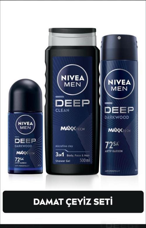 Men Erkek Damat Çeyiz Bohça Seti Deep Dimension, Duş Jeli 500ml, Sprey Deodorant 150ml, Roll-on 50ml