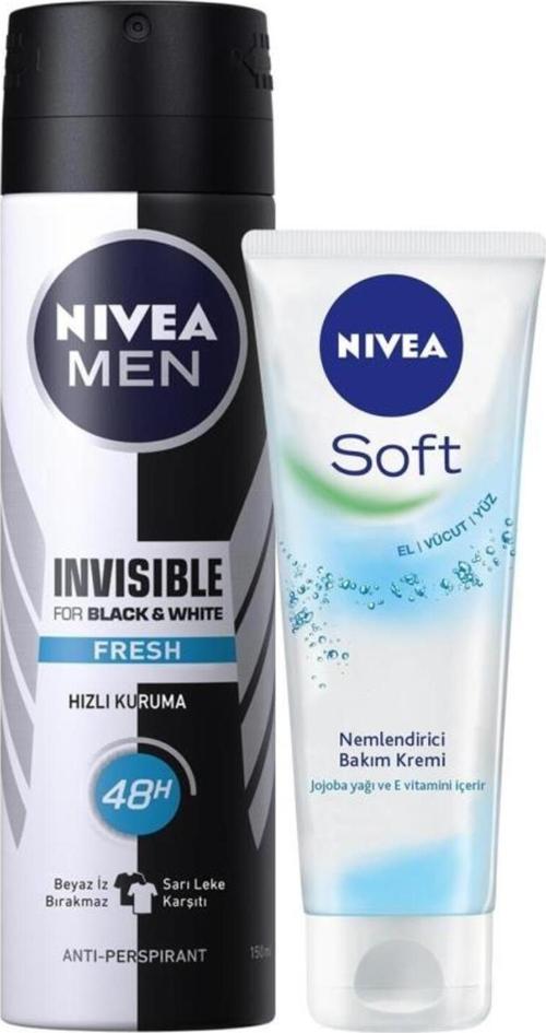 Men Erkek Sprey Deodorant Black&white Invisible Fresh 150ml Ve Soft Nemlendirici Bakım Kremi 75ml