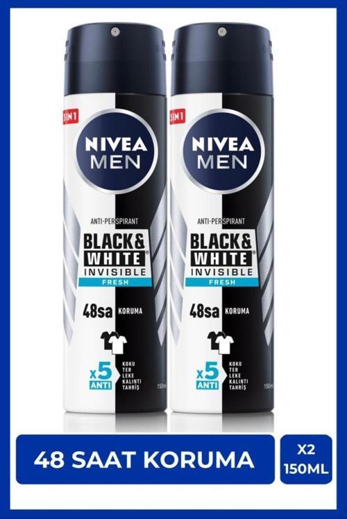 Men Erkek Sprey Deodorant Black&white Invisible Fresh 150ml, 48 Saat Anti-perspirant Koruma, X2 Adet