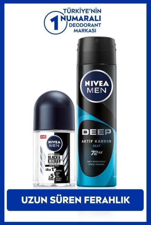 MEN Erkek Sprey Deodorant Deep Aktif Karbon 150ml ve Black&White Original Mini Roll-on 25ml