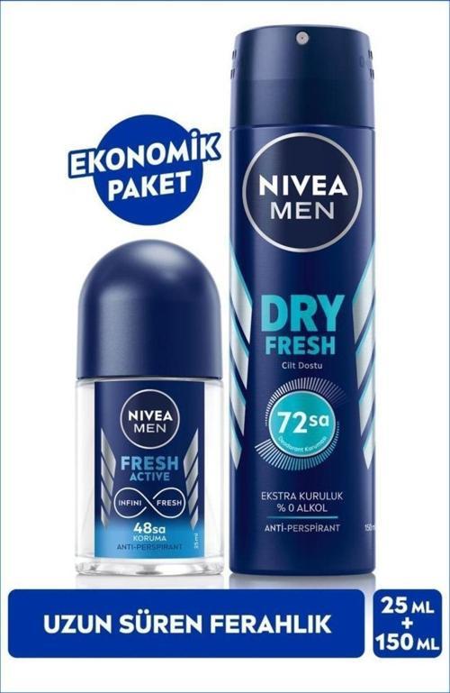 MEN Erkek Sprey Deodorant Dry Fresh 150ml ve Mini Roll-on Fresh Active 25ml Set, Ter Karşıtı Koruma