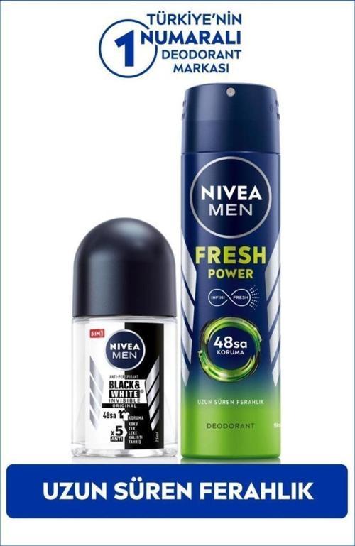 MEN Erkek Sprey Deodorant Fresh Power 150ml ve Mini Roll-on Black&White Original 25ml, Ter Karşıtı