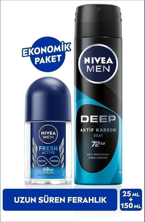 MEN Erkek Sprey Deodorant Deep Aktif Karbon 150ml ve Fresh Active Mini Roll-on 25ml, Anti-perspirant
