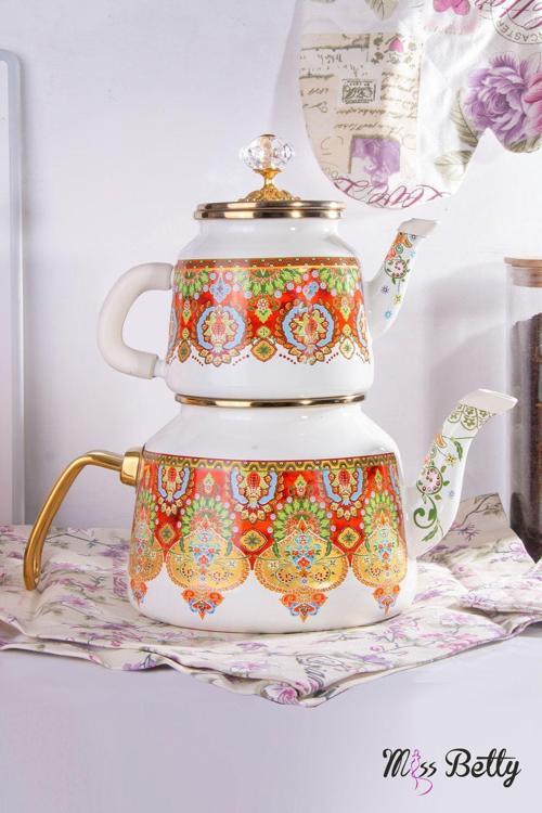 Kırmızı Desen Emaye Çaydanlık