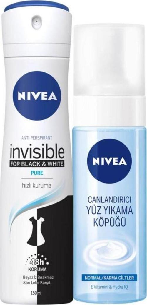 Kadın Sprey Deodorant Black&White Invisible Pure 150ml ve Canlandırıcı Yüz Temizleme Köpüğü 150ml