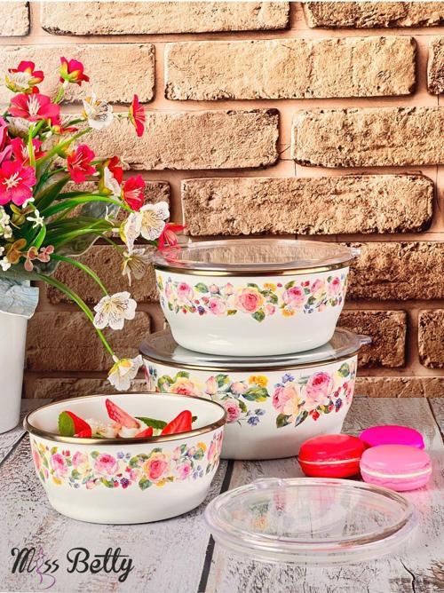 Rose Deluxe 3'Lü Emaye Saklama Kabı 14-16-18 Cm