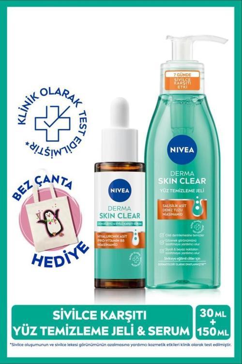 Karşıtı Derma Skin Clear Yüz Temizleme Jeli 150ml Ve Dengeleyici Serum 30ml,bez Çanta Hediye