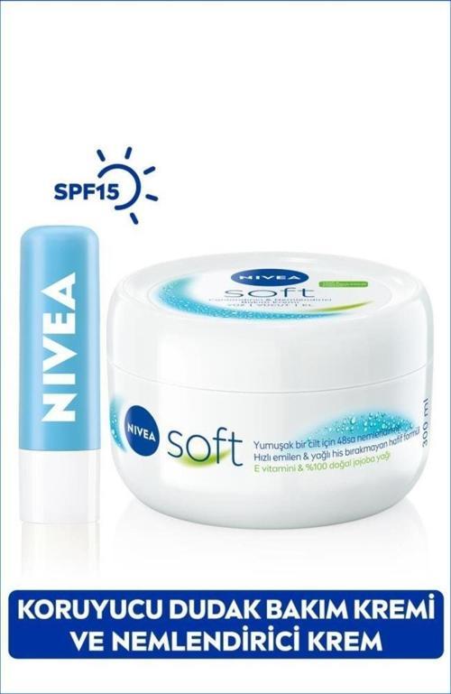 Soft Nemlendirici Vücut Kremi 300ml ve Hydro Care Renksiz Dudak Bakım Kremi, Dudak Çatlağı, SPF15