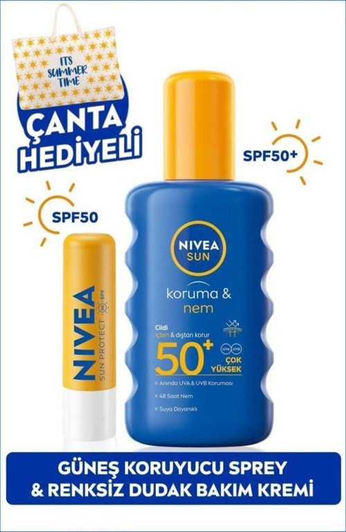 NIVEA SUN Koruma ve Nem Vücut Spreyi 200ml ve Yüksek Güneş Korumalı Dudak Bakım Kremi, SPF50, Çanta Hediye