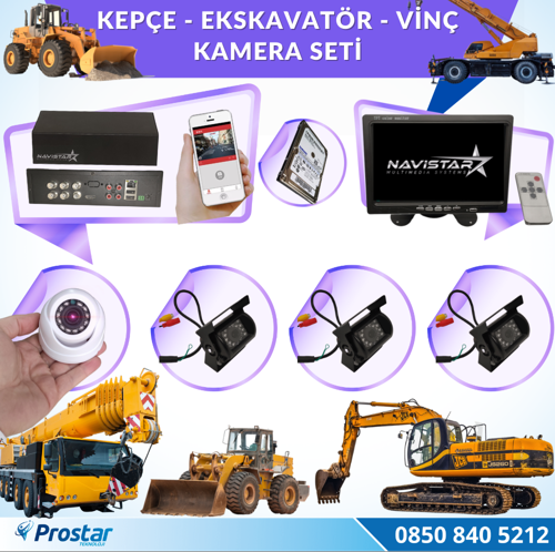 Uzaktan İzlemeli 4 Kameralı Ekskavatör Dozer Greyder Vinç Kepçe 1 Tb Harddisk Kamera Seti