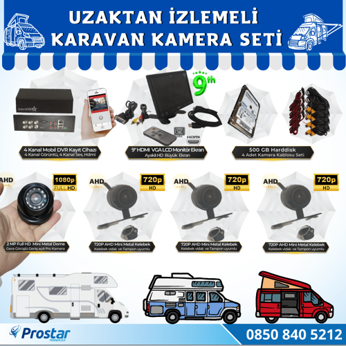 Uzaktan İzlemeli Karavan Kamera Seti 4 Kameralı 500 Gb Harddisk Dahil Kayıtlı 9 Inç Hdmi Ekranlı