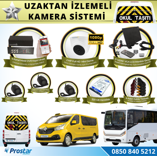 Okul Servis Kamera Sistemi Seti Uzaktan Izlemeli 4 Kameralı 7&quot; Hdmi Monitör 320 Gb Harddisk Dahil
