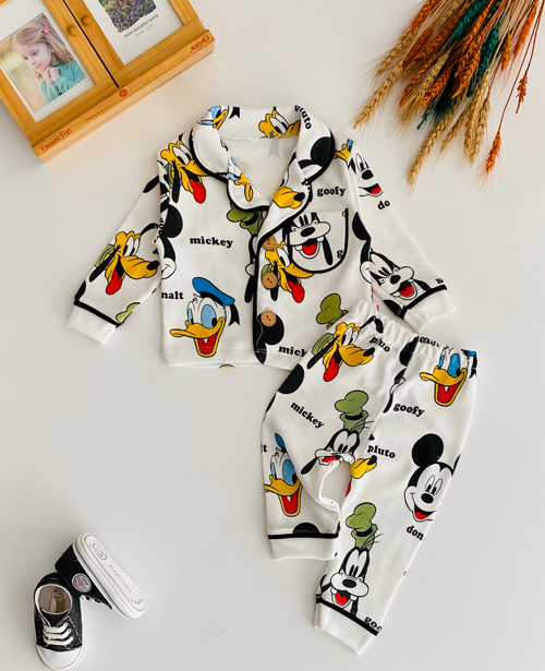 Neşeli Bebekler Mickey Ve Arkadaşları Baskılı Önden Düğmeli Cepli Pijama Takımı