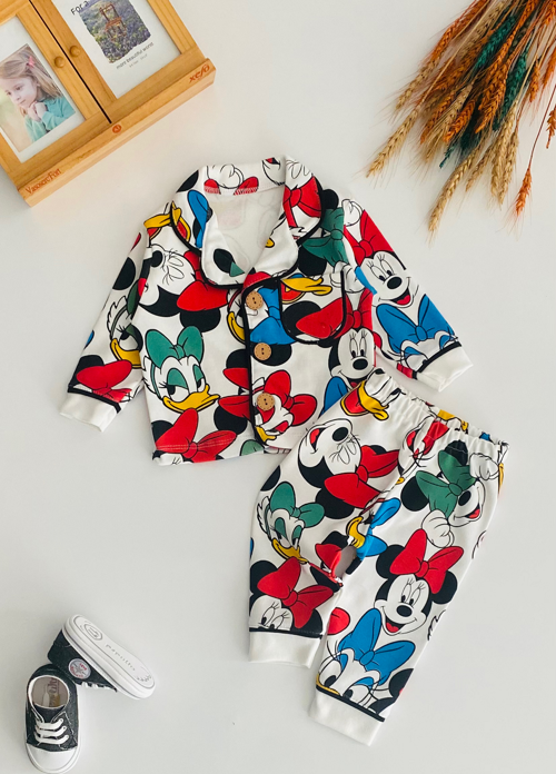 Neşeli Bebekler Minie Ve Arkadaşları Baskılı Önden Düğmeli Cepli Pijama Takımı