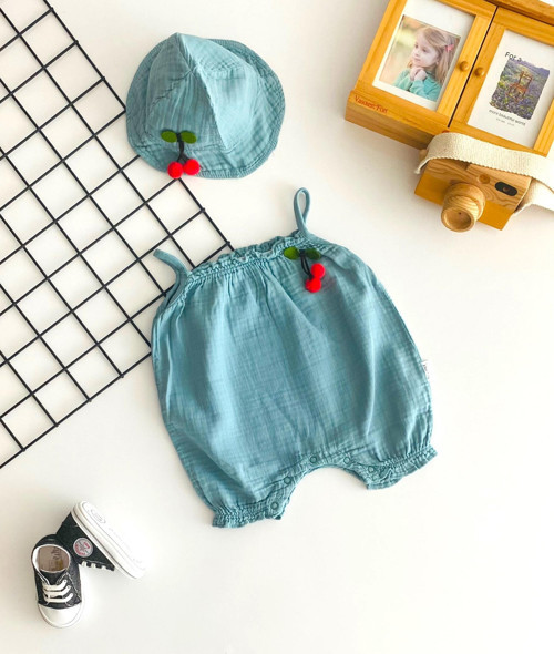 Neşeli Bebekler Müslin Kumaş Kirazlı Şapkalı İp Askılı Tulum Turkuaz