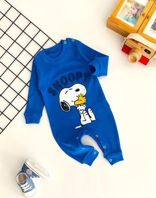 Neşeli Bebekler Snopy Nakışlı Baskılı Desen Tulum Mavi