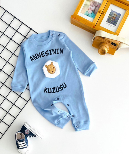 Neşeli Bebekler Annesinin Kuzusu Baskılı Kuzu Kabartma Desenli Penye Tulum Mavi