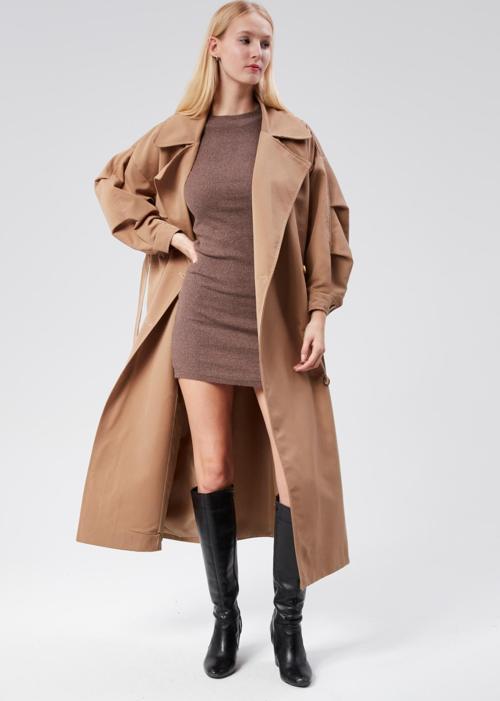 Kadın Kruvaze Astarlı Kemerli Dokuma Trençkot