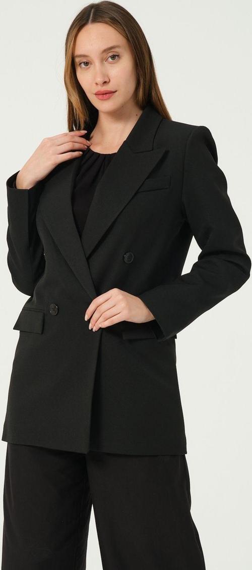 Siyah Regular Astarlı Kruvaze Kapama Dokuma Oversize Blazer Ceket