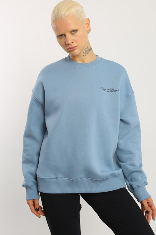 Açık Mavi İçi Polarlı 3 İplik Oversize Kadın Sweatshirt T0129