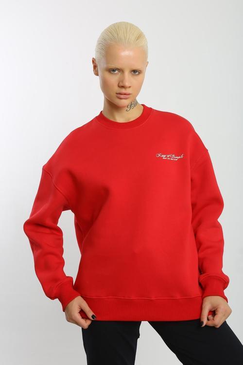 Kırmızı İçi Polarlı 3 İplik Oversize Kadın Sweatshirt T0129